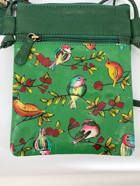 Hand Painted Genuine Leather Bird Crossbody Bag Green Artisan Made in India